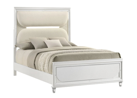 Eden White Queen Boucle Upholstered LED Panel Bed Crown Mark