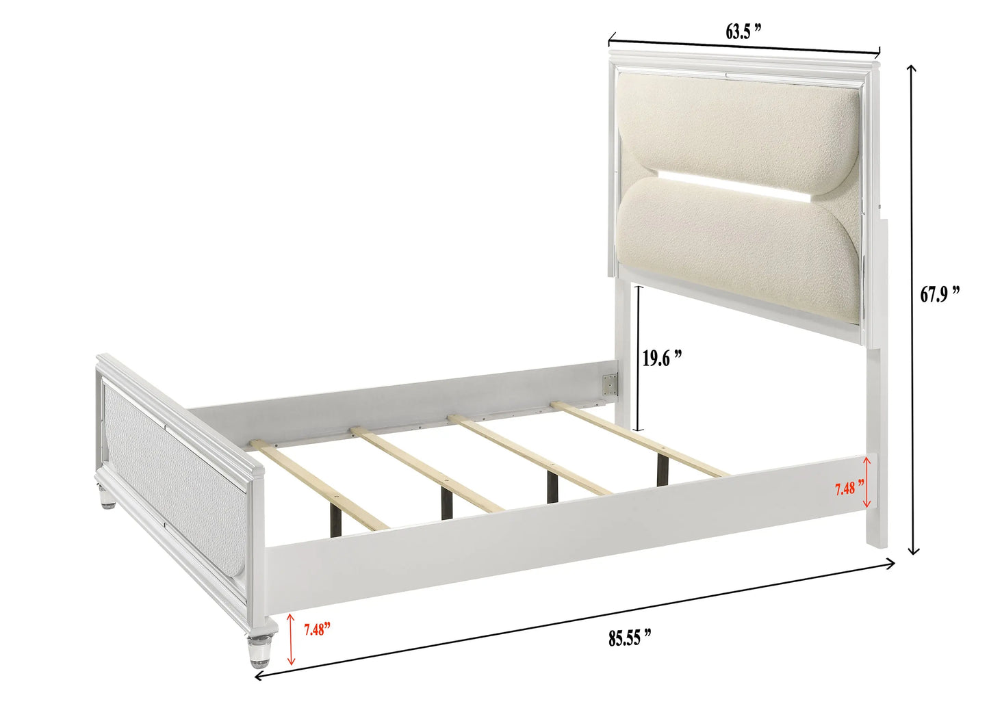 Eden White Queen Boucle Upholstered LED Panel Bed Crown Mark