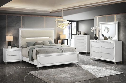 Eden White Boucle Upholstered LED Panel Bedroom Set Crown Mark