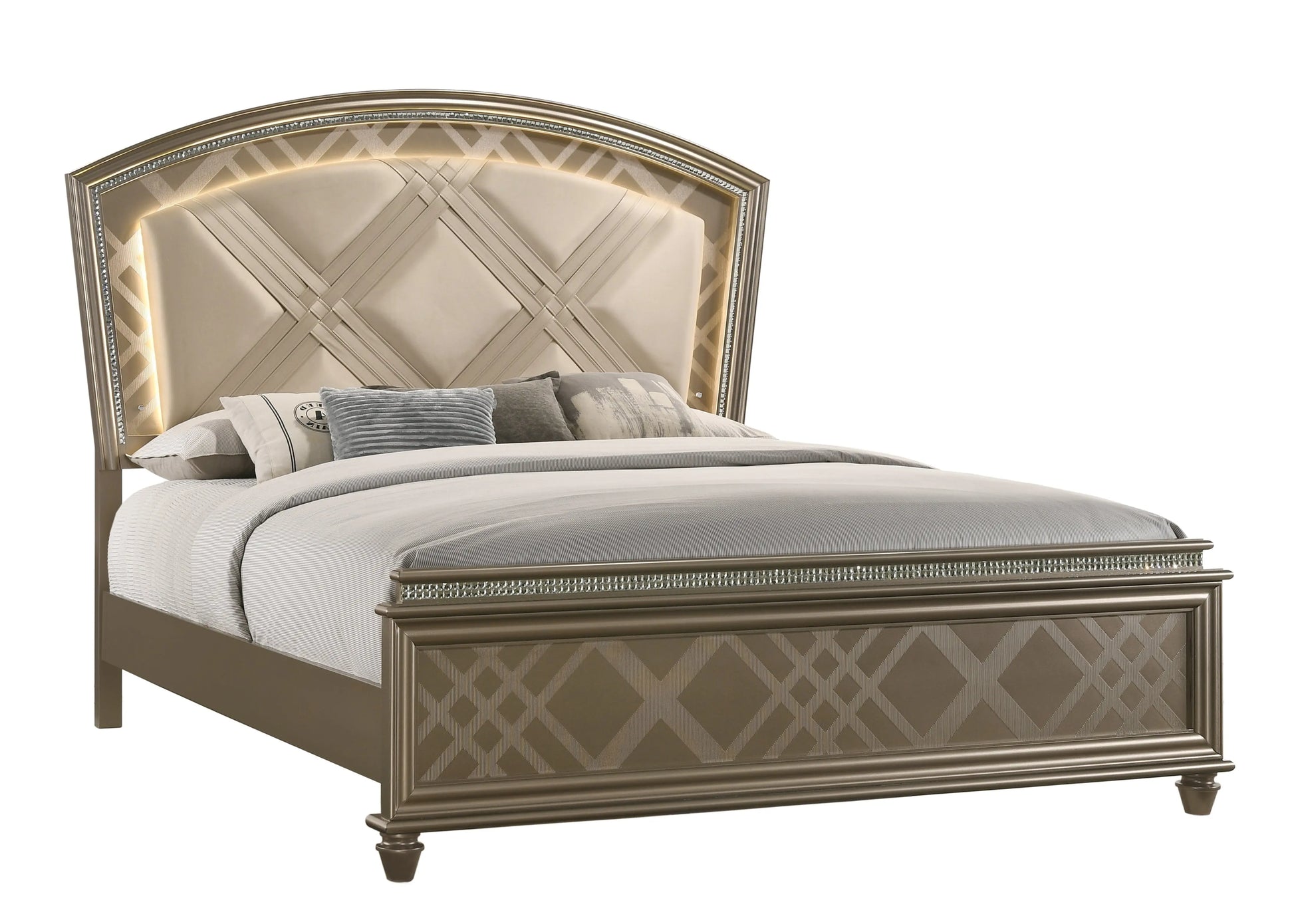 Cristal Gold King LED Upholstered Panel Bed Crown Mark