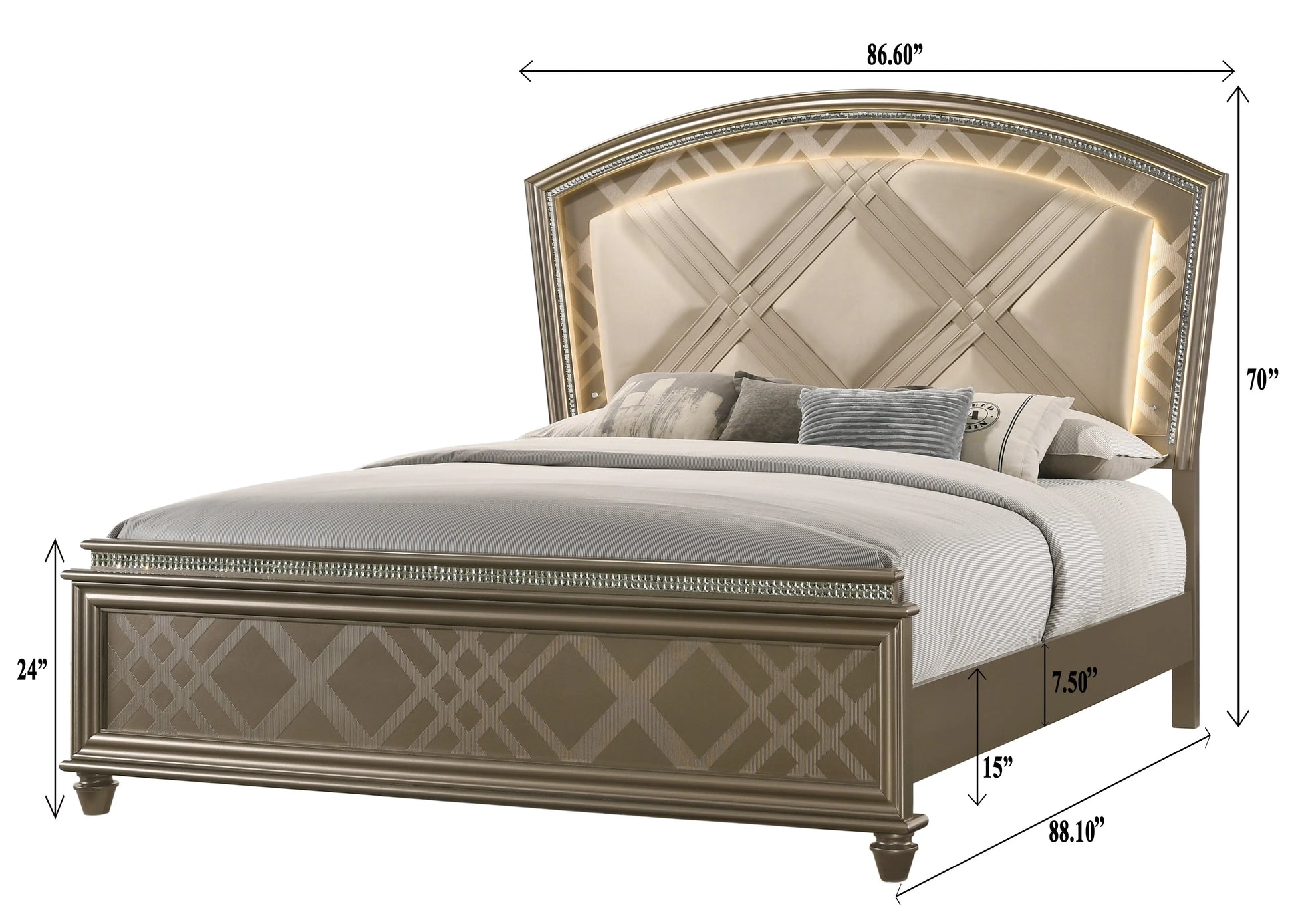 Cristal Gold King LED Upholstered Panel Bed Crown Mark