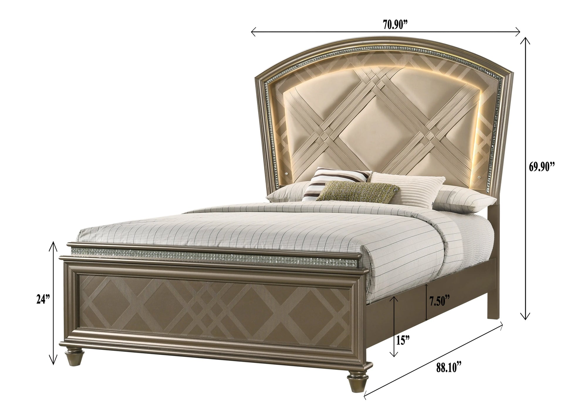 Cristal Gold Queen LED Upholstered Panel Bed Crown Mark