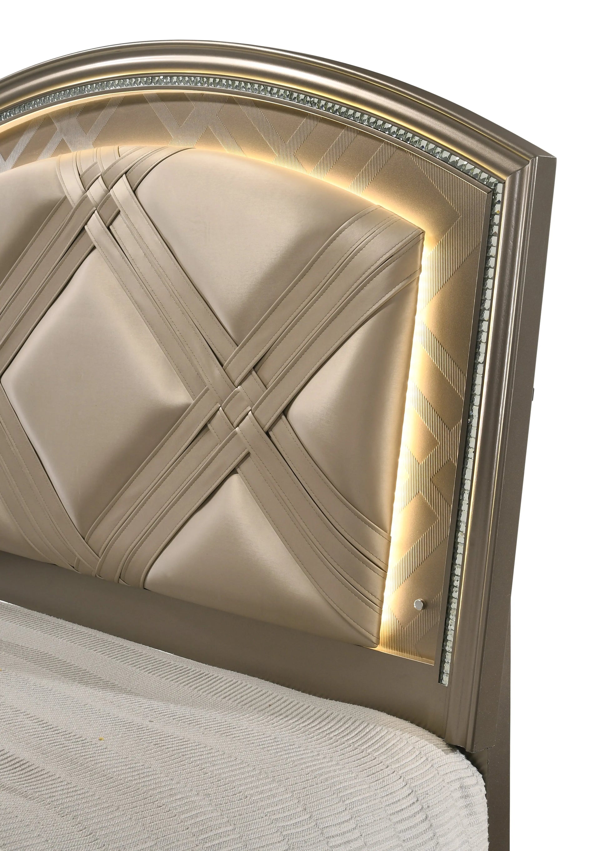 Cristal Gold Queen LED Upholstered Panel Bed Crown Mark