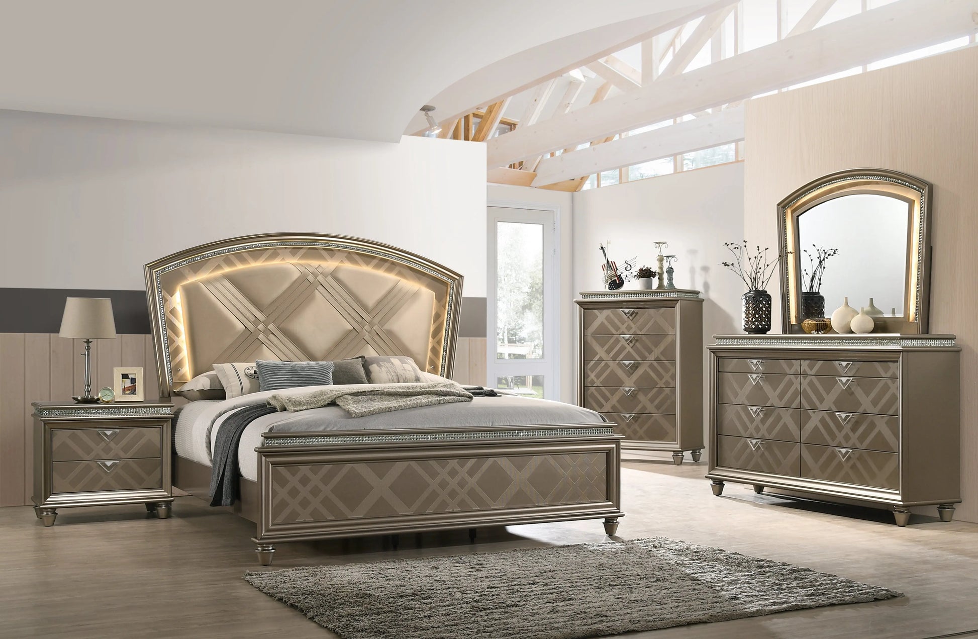 Cristal Gold LED Upholstered Panel Bedroom Set Crown Mark