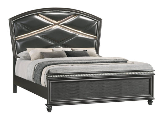 Adira Gray King LED Upholstered Panel Bed Crown Mark