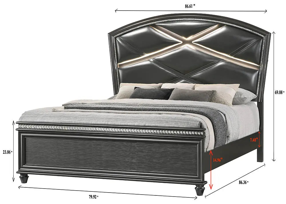 Adira Gray King LED Upholstered Panel Bed Crown Mark