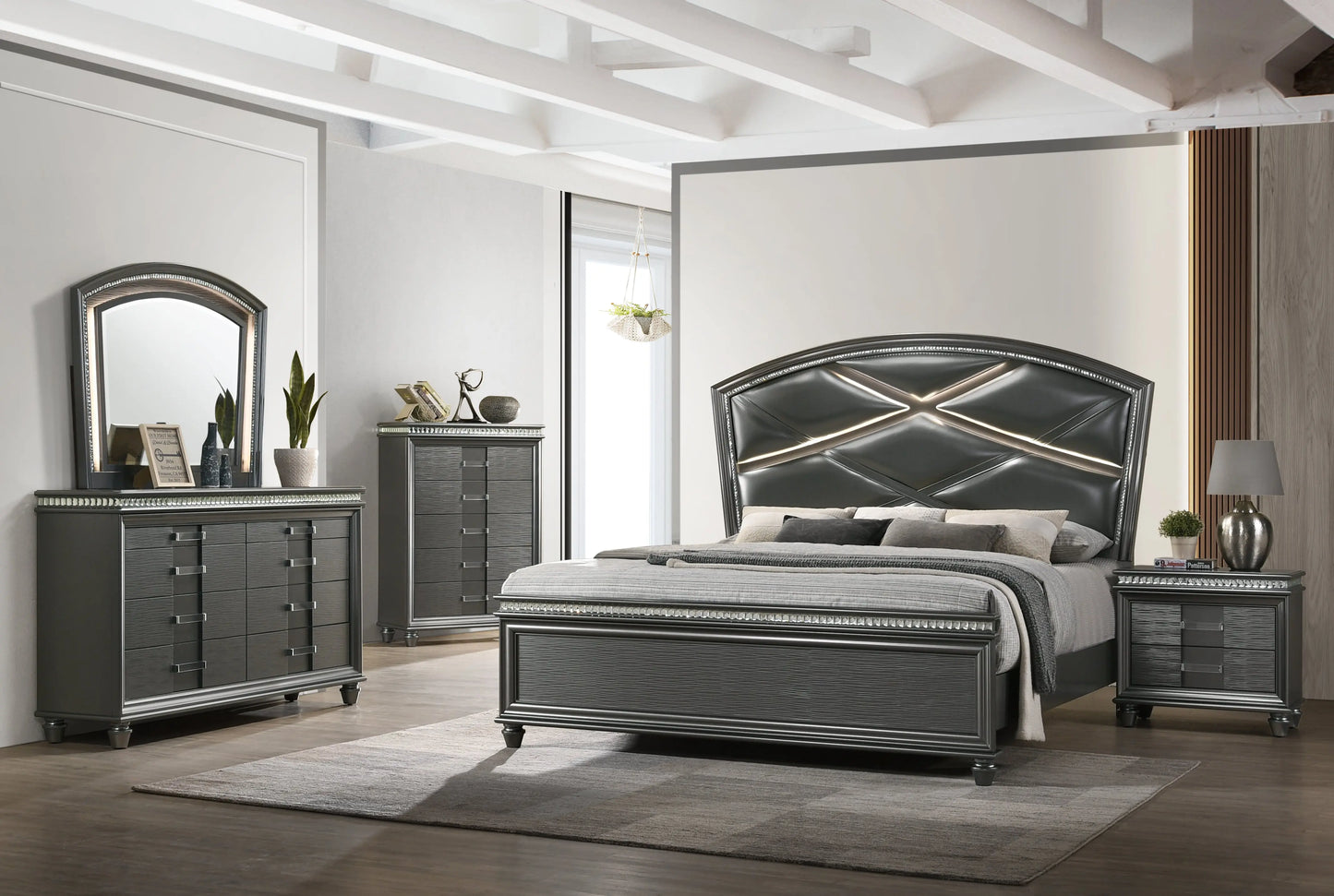 Adira Gray King LED Upholstered Panel Bed Crown Mark