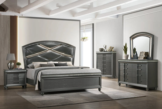 Adira Gray LED Upholstered Panel Bedroom Set Crown Mark