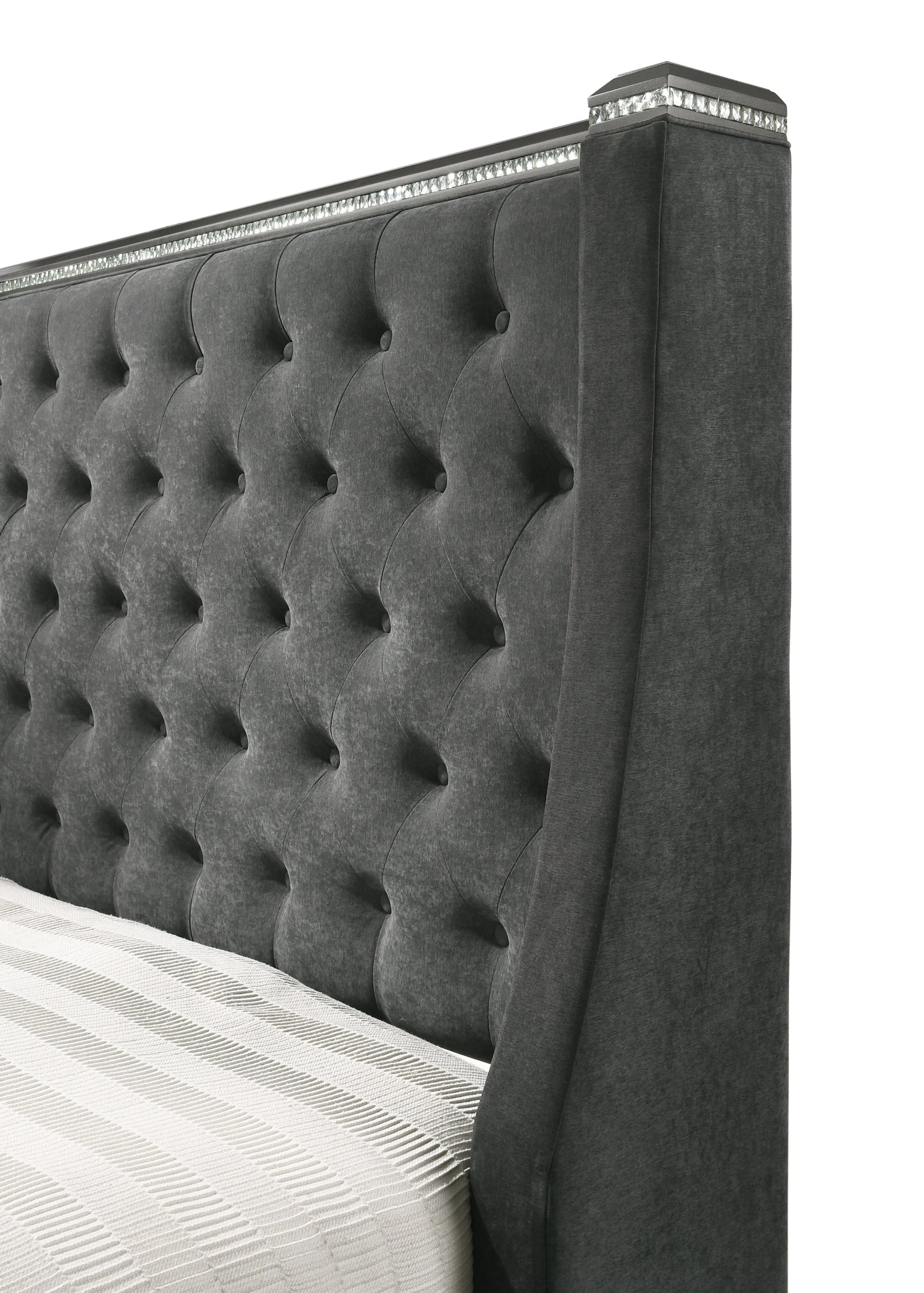 Giovani Gray King Upholstered Panel Bed Crown Mark