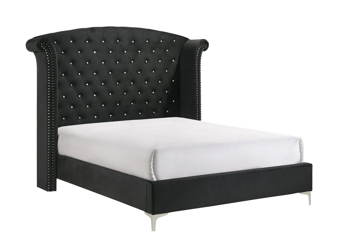 Lucinda Black King Upholstered Wingback Panel Bed Crown Mark