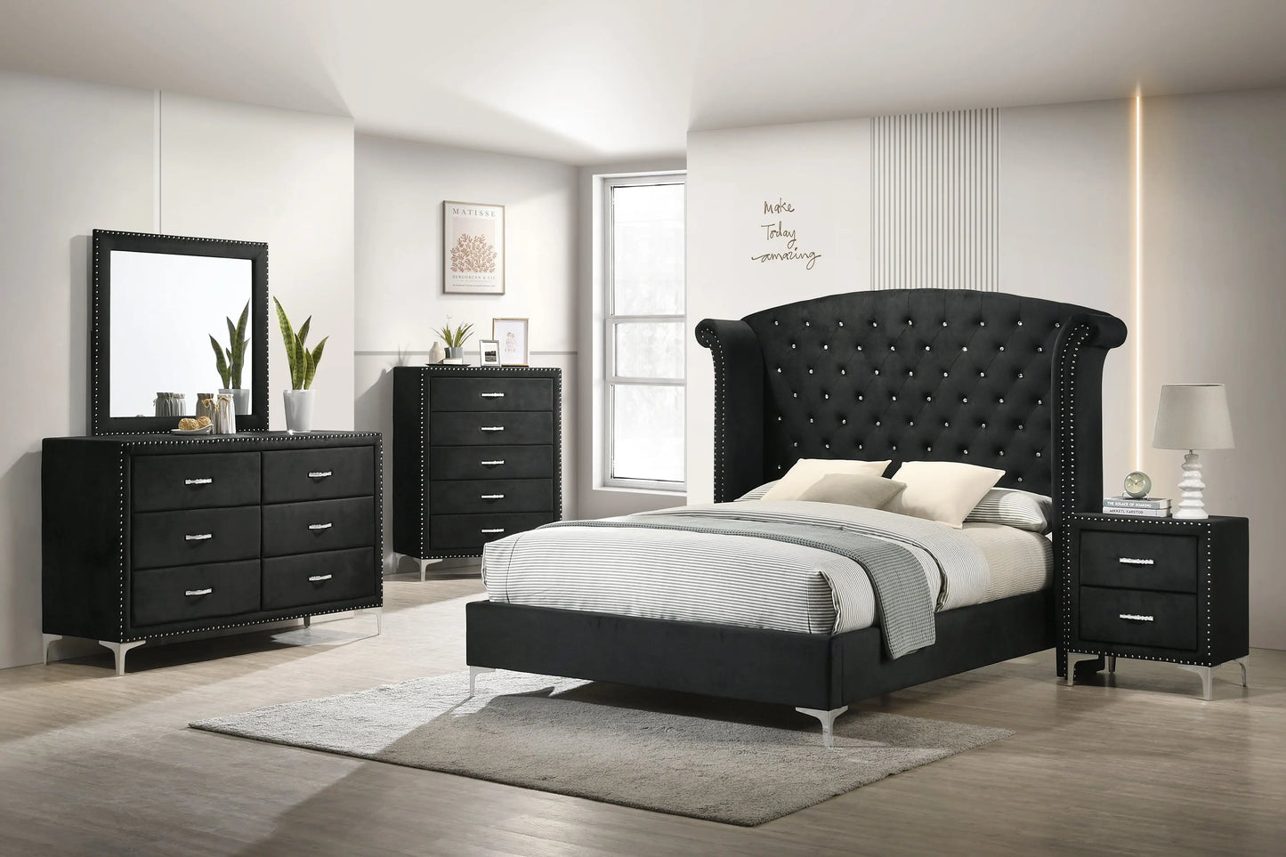 Lucinda Black Queen Upholstered Wingback Panel Bed Crown Mark