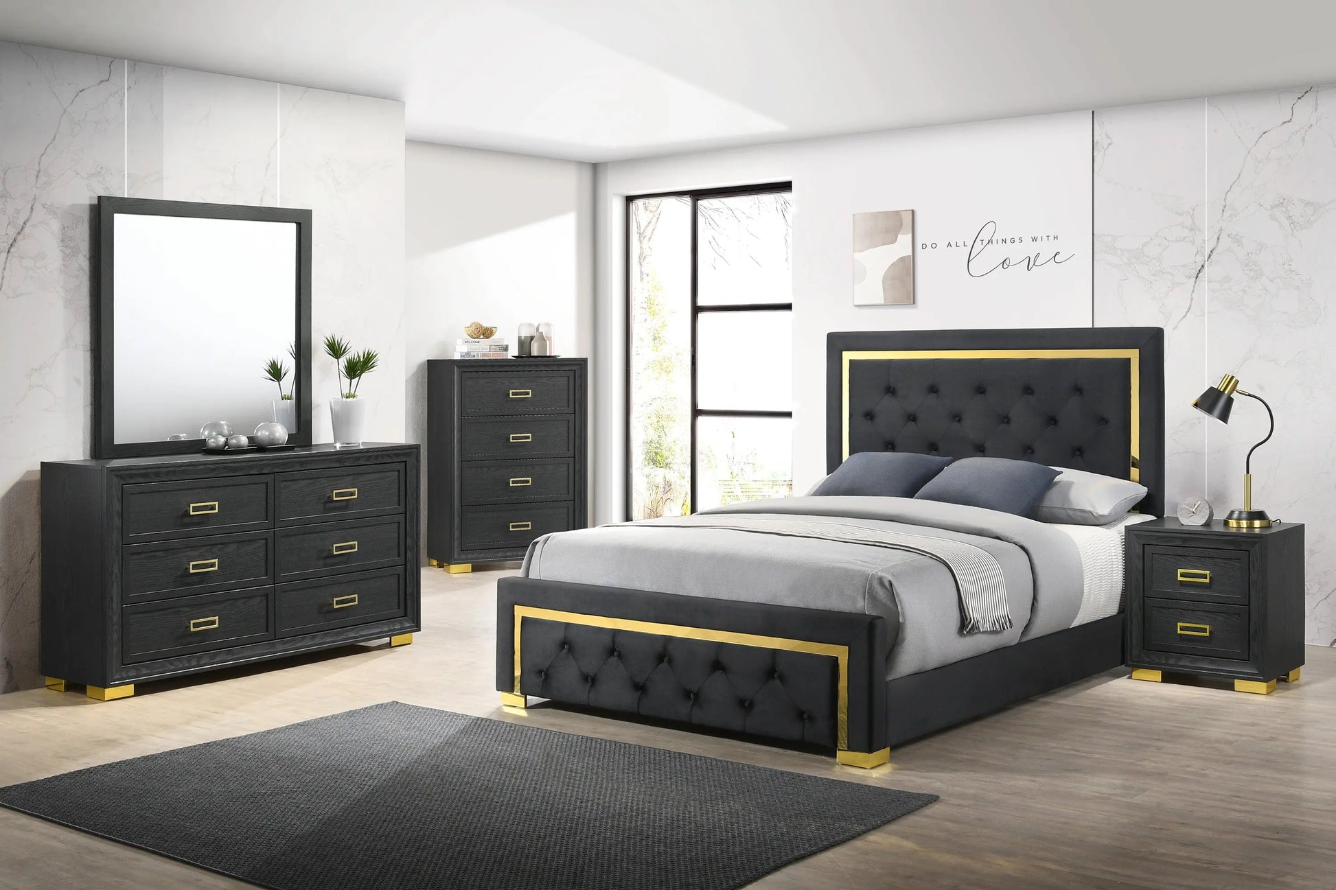 Pepe Black/Gold King Panel Upholstered Bed Crown Mark