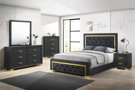 Pepe Black/Gold Panel Upholstered Bedroom Set Crown Mark