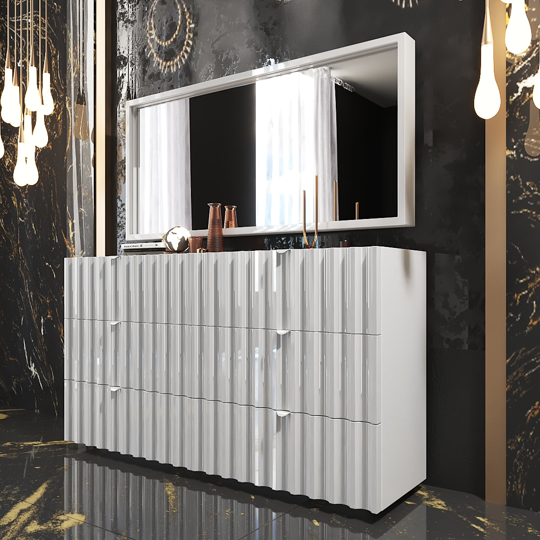ESF FURNITURE - Orion Double Dresser with Mirror in White - ORIONDDRESSER-MR ESF Furniture