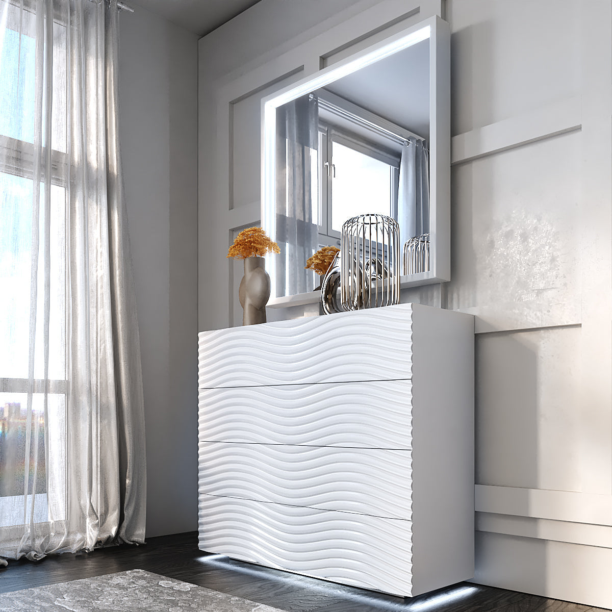 ESF Furniture - Franco Spain Wave Single Dresser w/light in White - WAVESINGLEDRESSEWHIT ESF Furniture