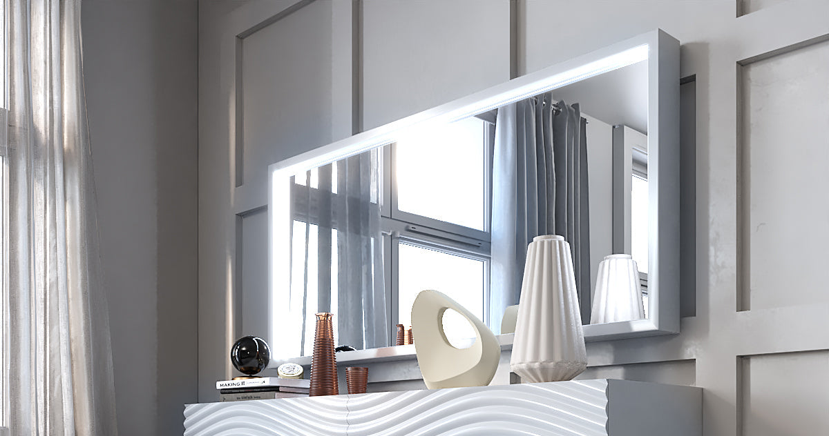 ESF Furniture - Franco Spain Wave Mirror for Double Dresser w/light in White - WAVEMIRRORDDWHITE ESF Furniture