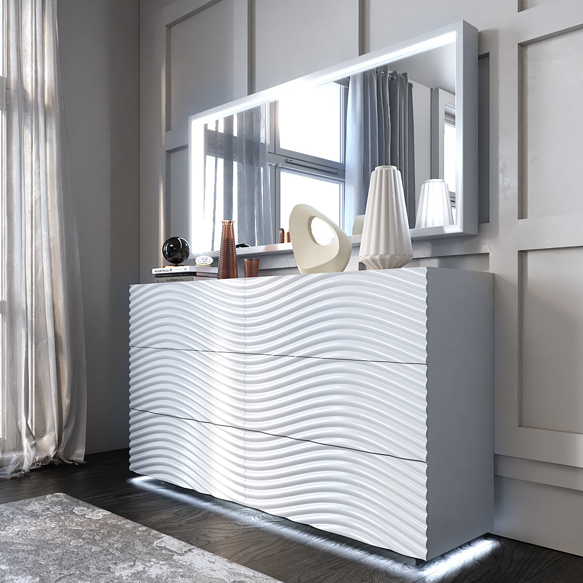 ESF Furniture - Franco Spain Wave Mirror for Double Dresser w/light in White - WAVEMIRRORDDWHITE ESF Furniture