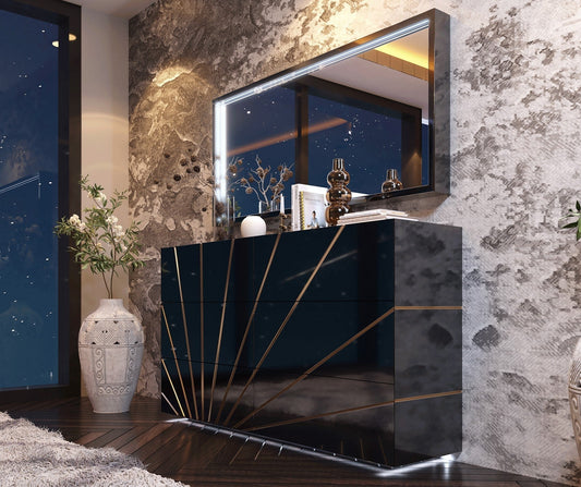 ESF Furniture - Oro 6 Drawer Double Dresser with Mirror in Black - ORODDBLACK-M ESF Furniture