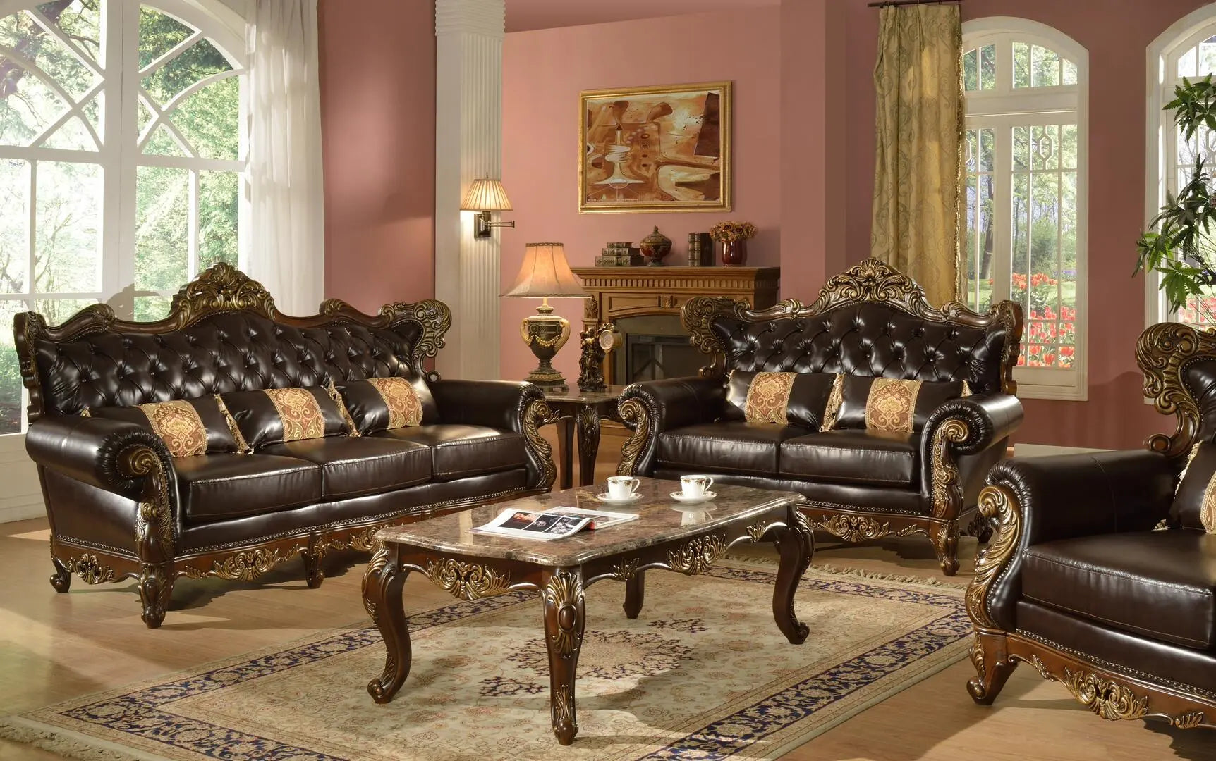 Britney Traditional Sofa and Loveseat in Cherry Wood Finish by Cosmos Furniture Cosmos Furniture