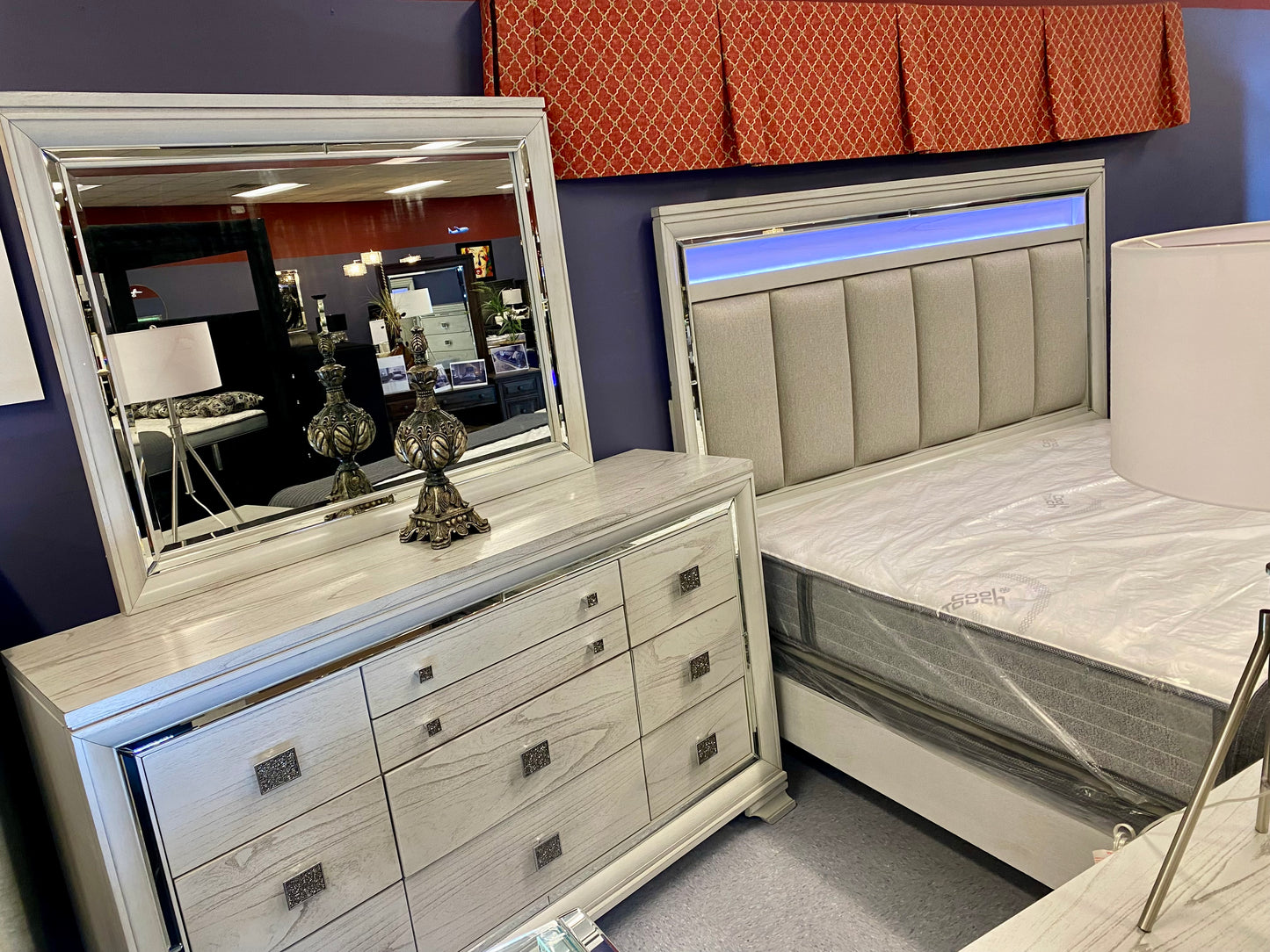 Santino 6pc Vail Dove Grey “LED”Bedroom Collection with Beveled Mirrored Accents House to Home Furnishings LLC