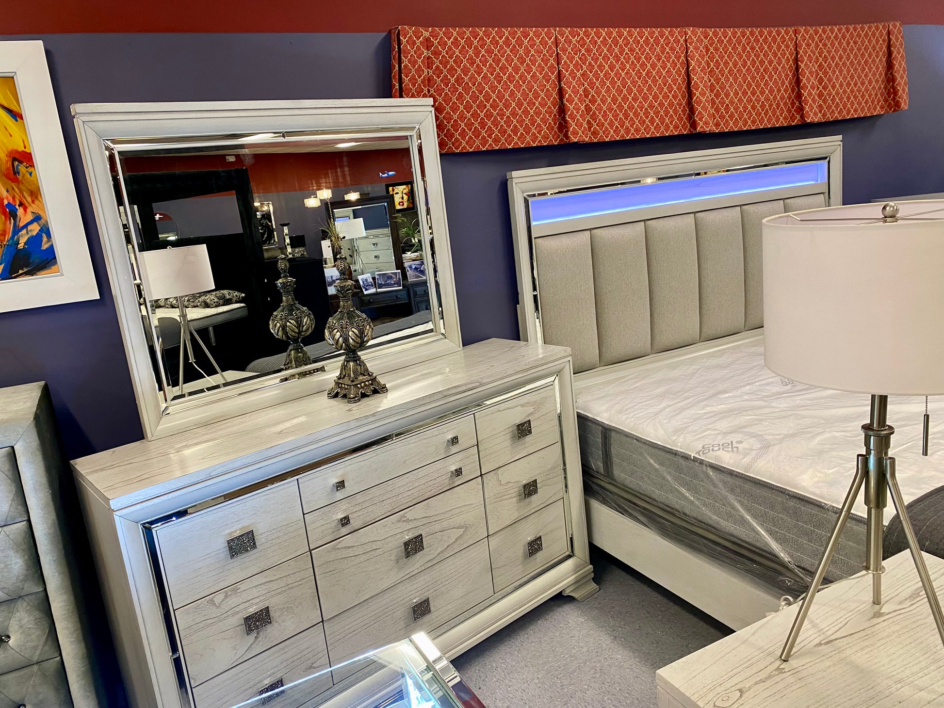 Santino 6pc Vail Dove Grey “LED”Bedroom Collection with Beveled Mirrored Accents House to Home Furnishings LLC