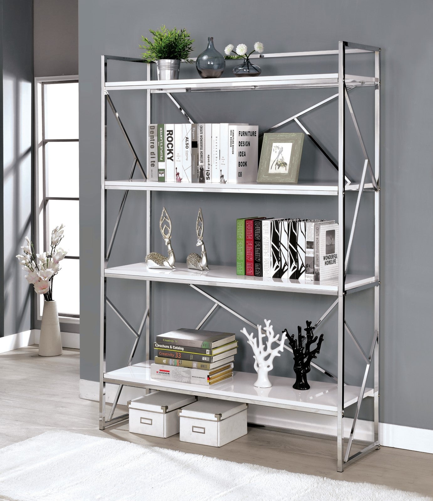 Gustav White/Chrome Bookcase FOA East