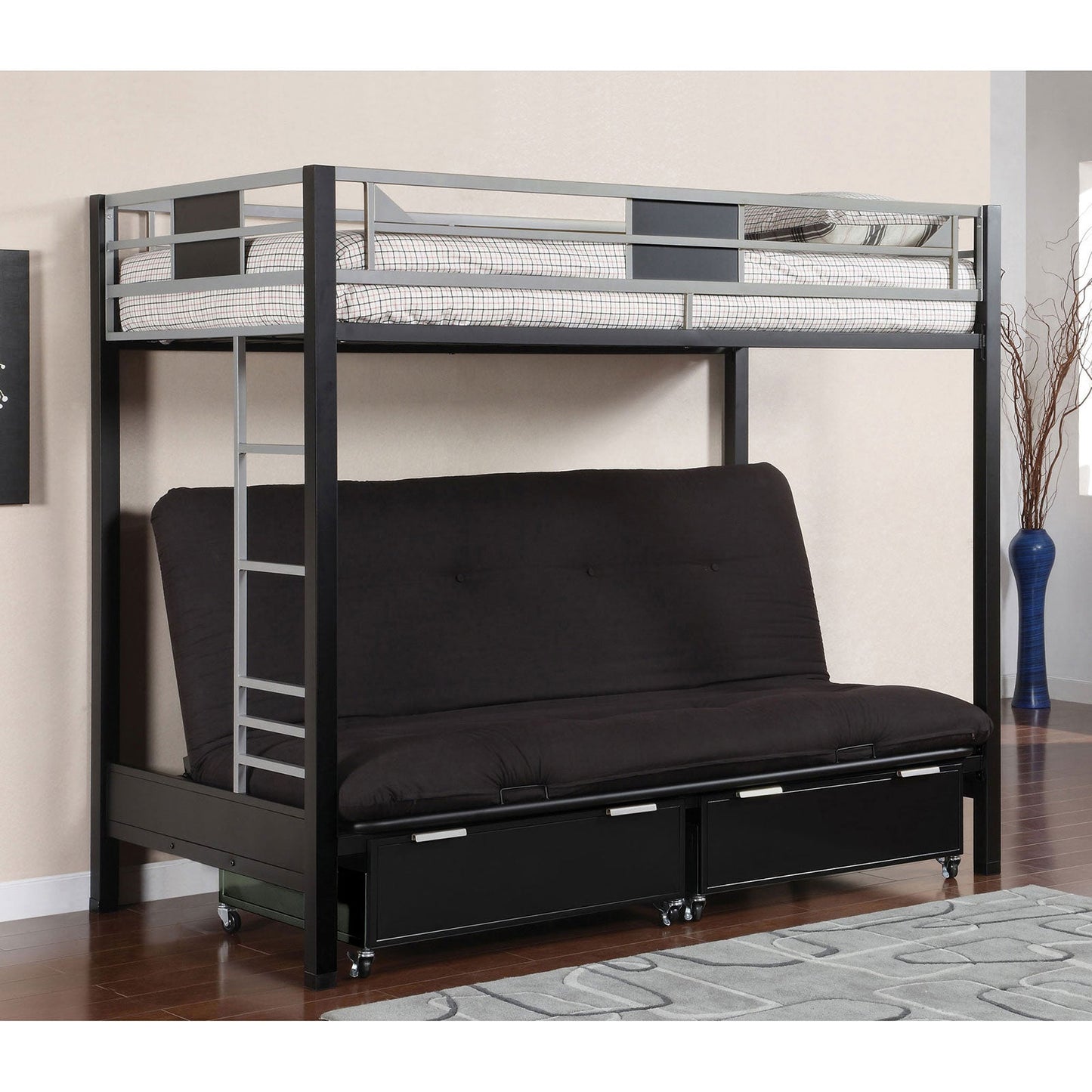 Clifton Silver/Gun Metal Twin Size Loft Bed w/ Futon Base FOA East