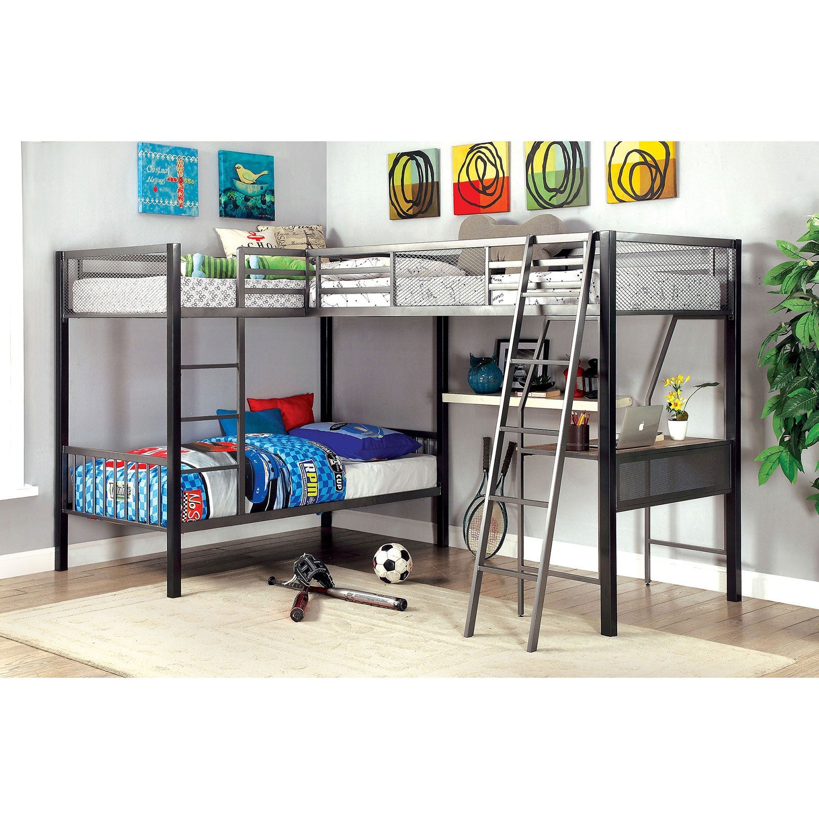 BALLARAT Silver Triple Twin Bunk Bed w/ Desk FOA East