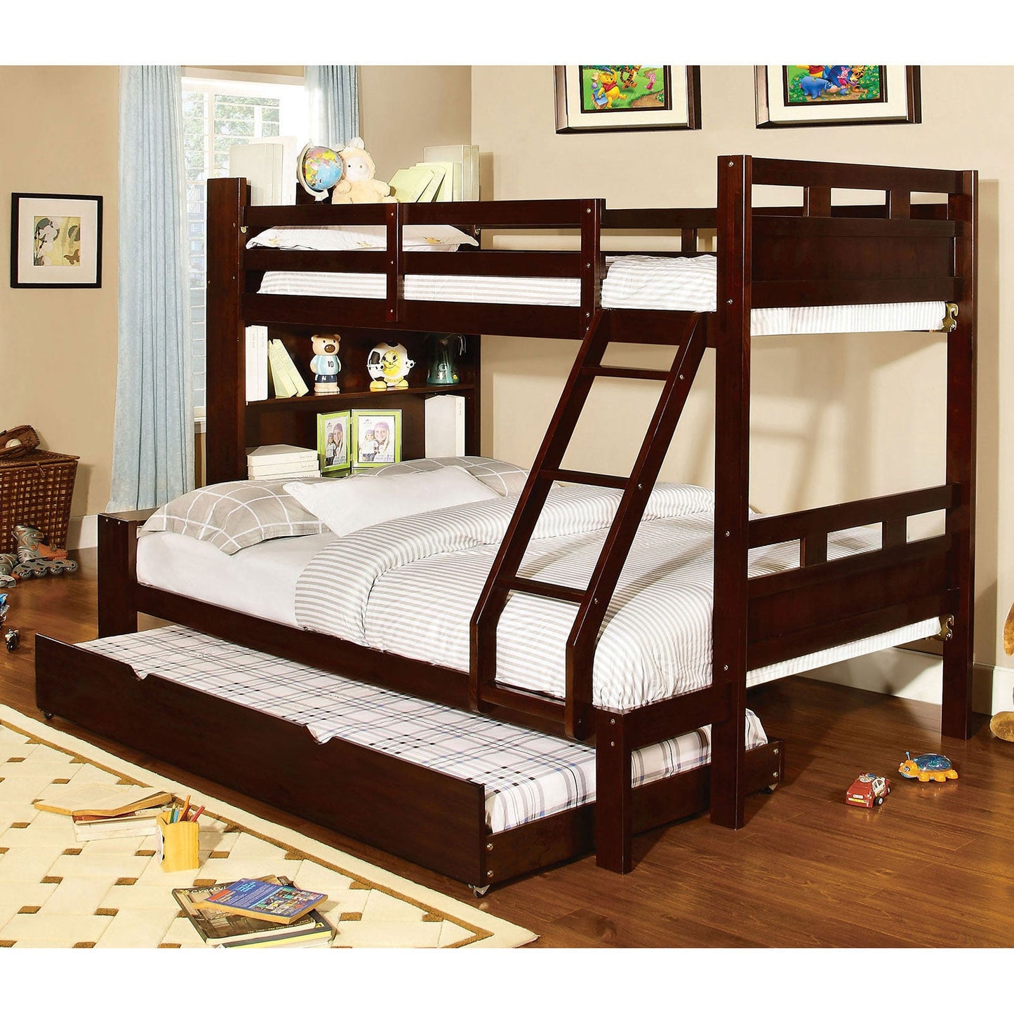 Fairfield Dark Walnut Twin/Full Bunk Bed w/ Book Shelf FOA East