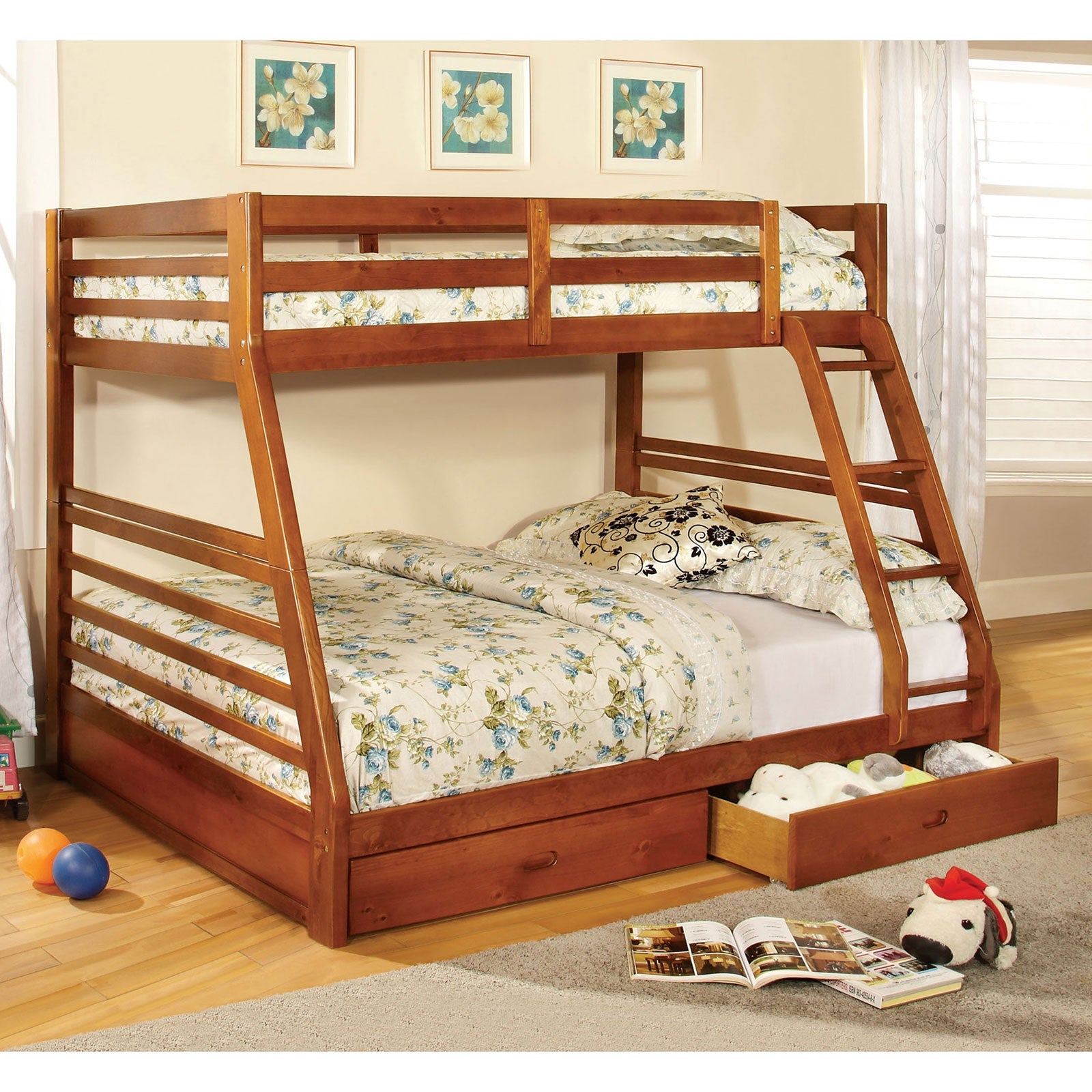 California III Oak Twin/Full Bunk Bed w/ 2 Drawers FOA East