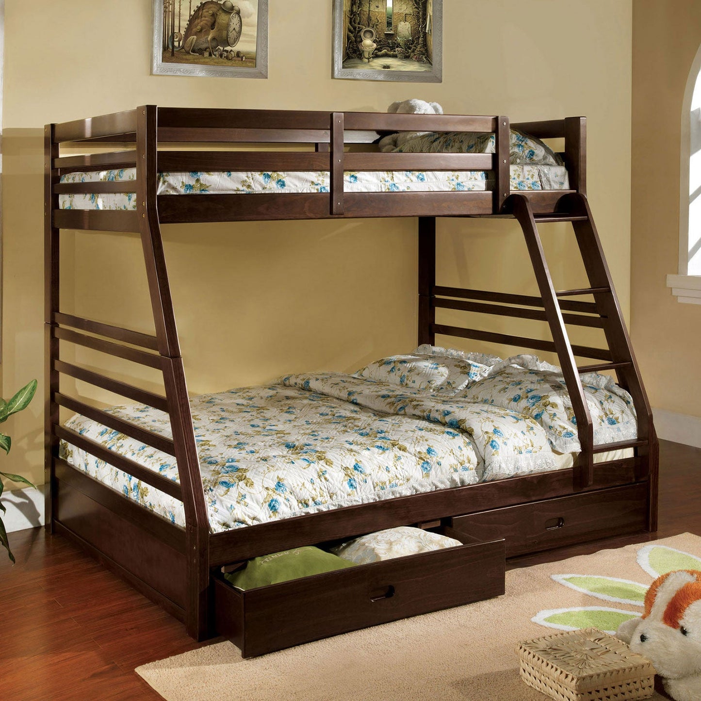 California III Dark Walnut Twin/Full Bunk Bed w/ 2 Drawers FOA East