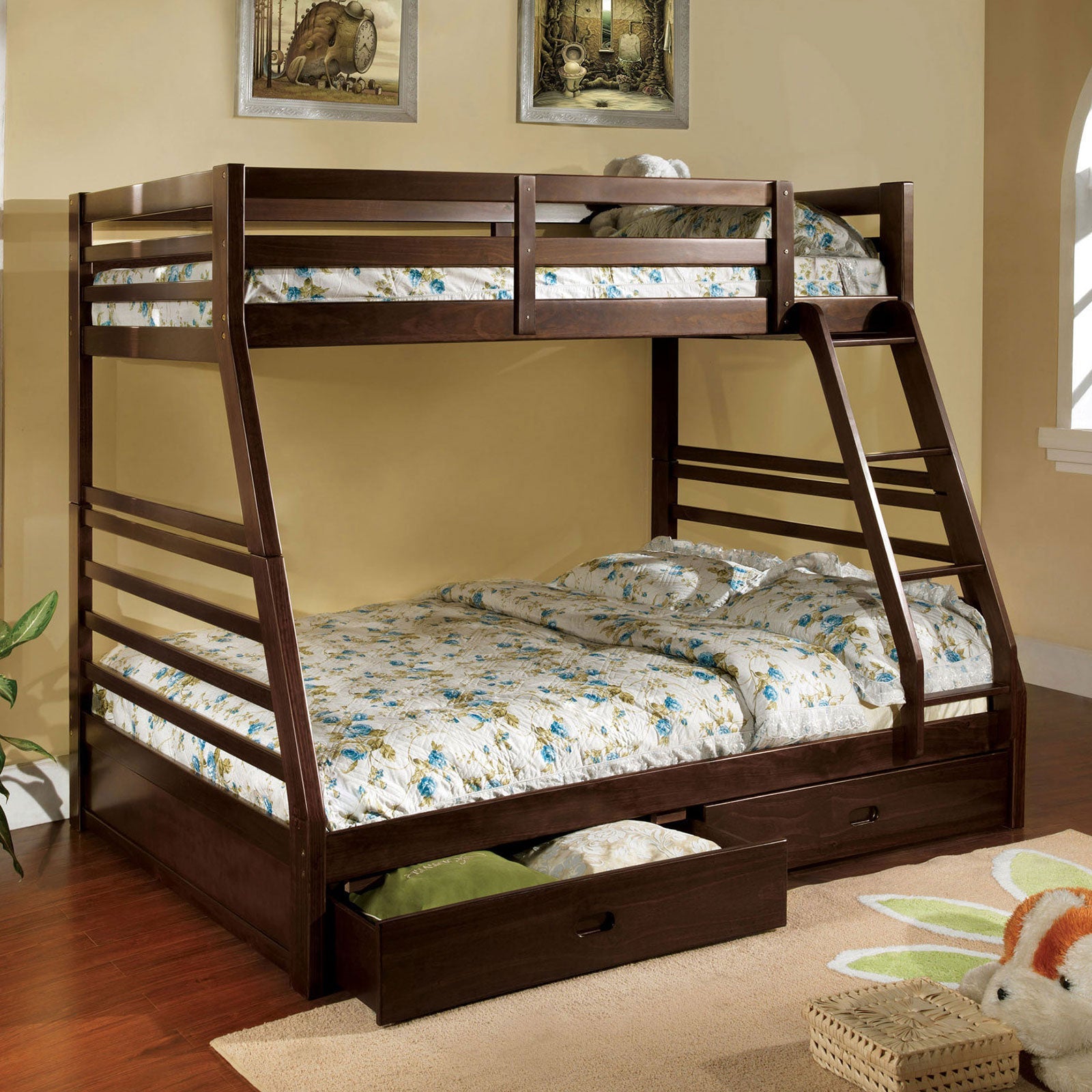 California III Dark Walnut Twin/Full Bunk Bed w/ 2 Drawers FOA East