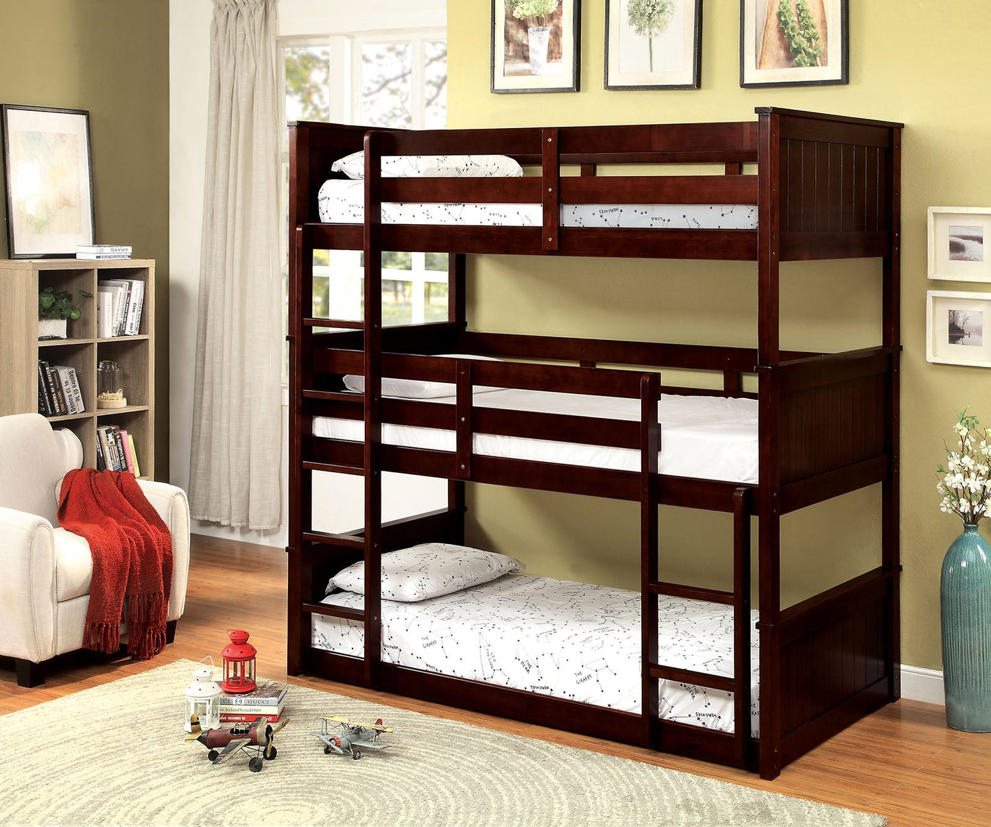 Therese Dark Walnut Twin Triple Decker Bed FOA East