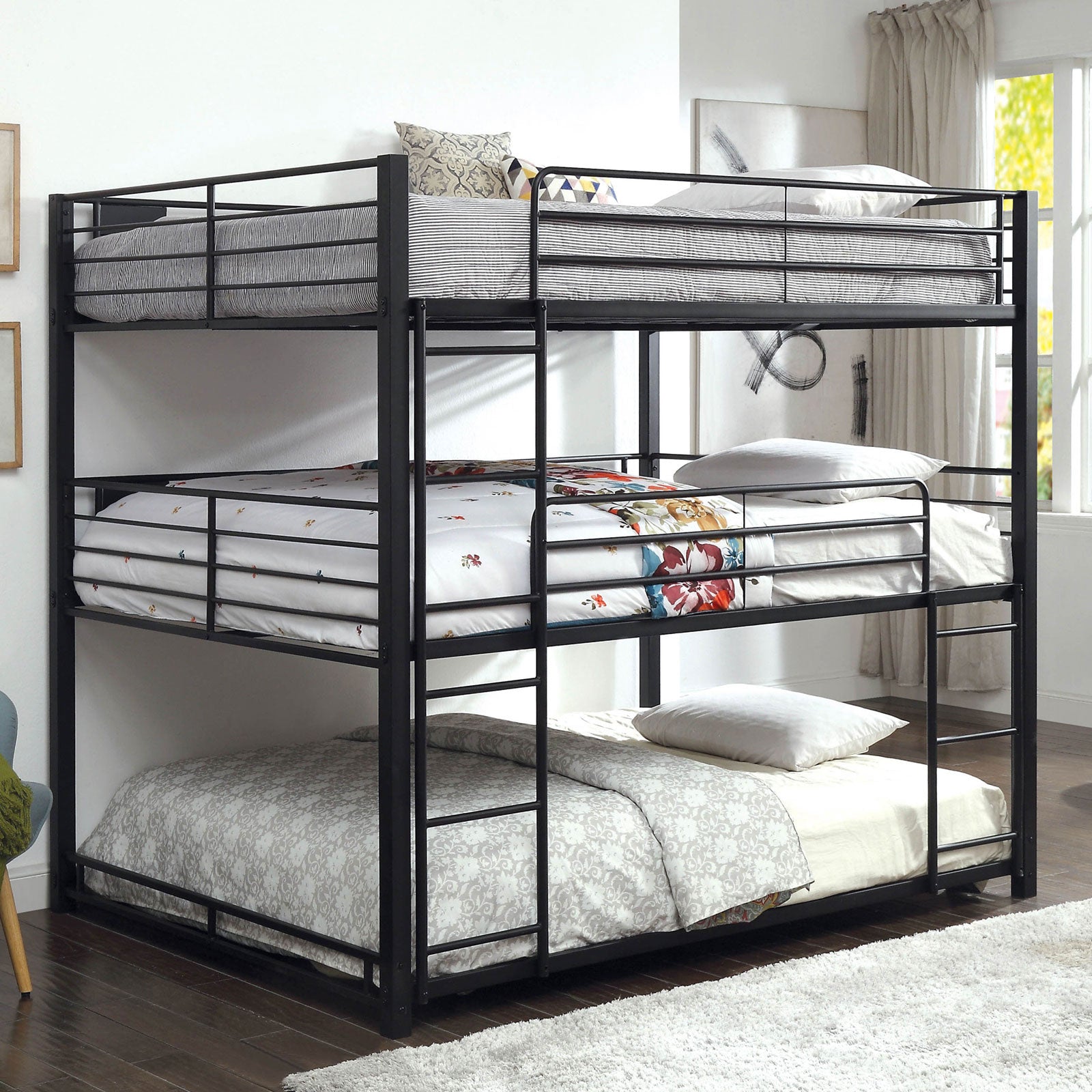 Olga I Sand Black Queen Triple Decker Bed FOA East