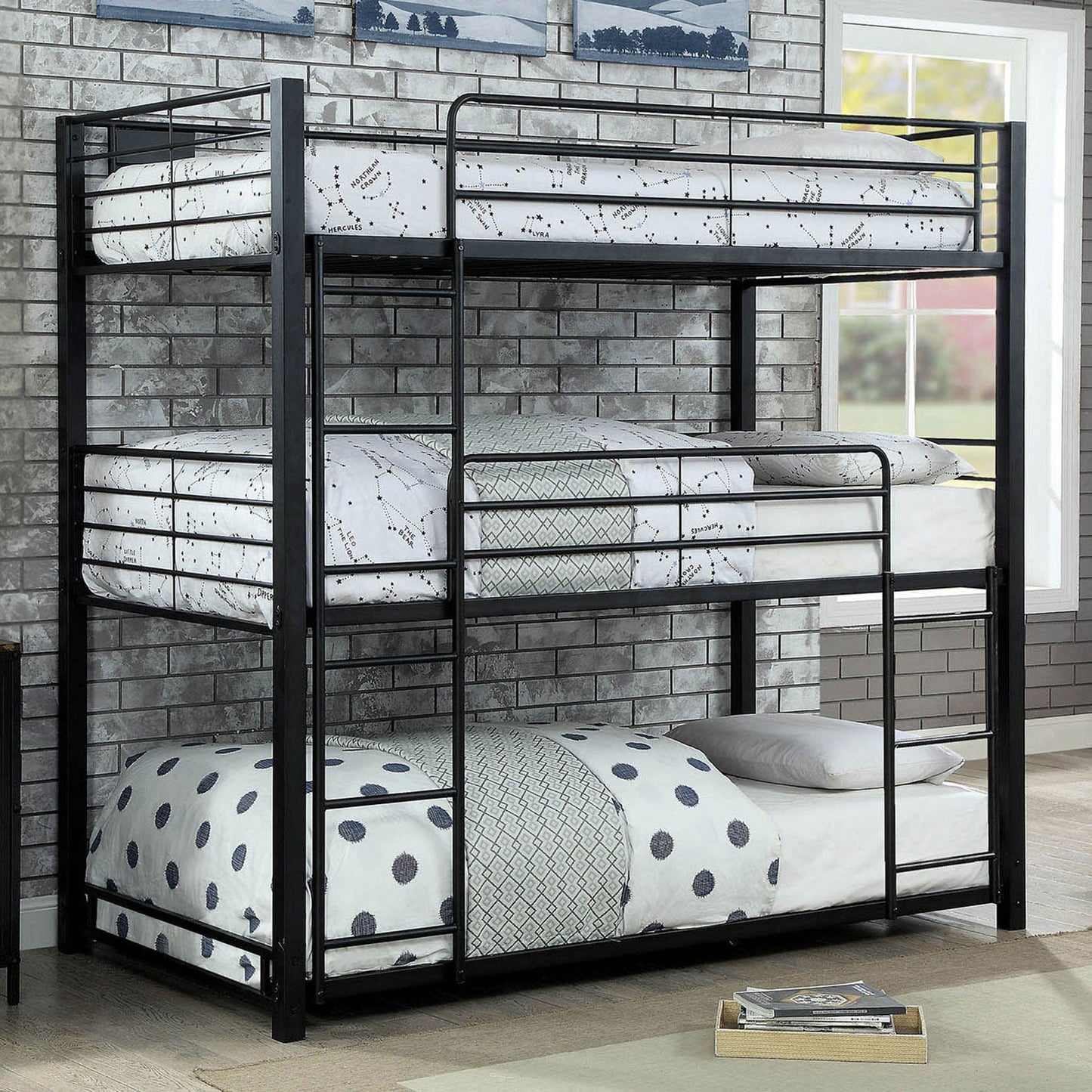 Olga I Sand Black Twin Triple Decker Bed FOA East