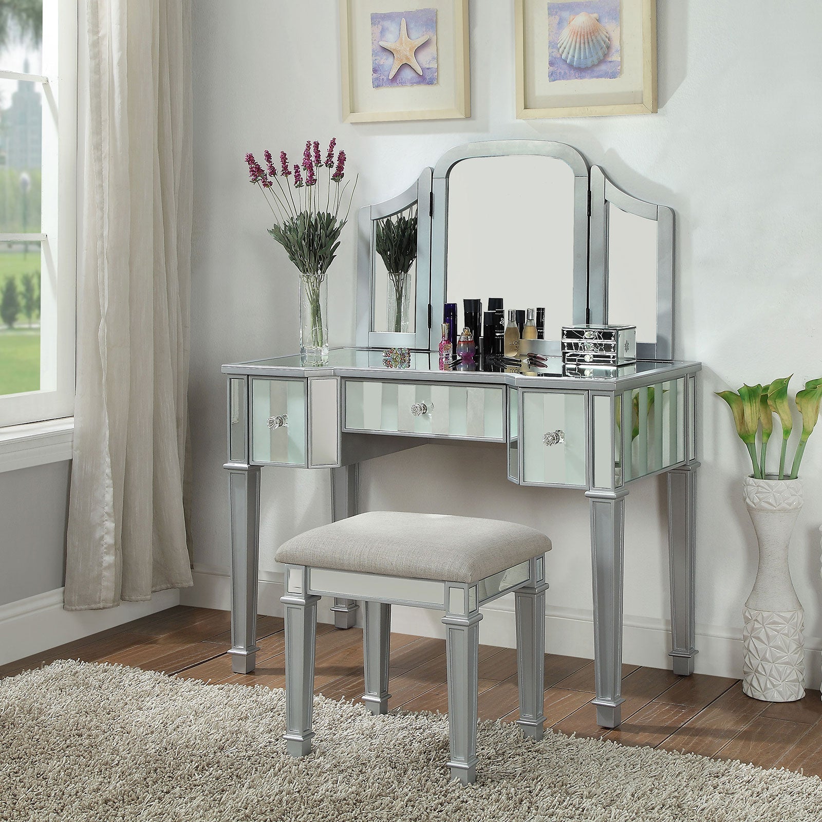 Cyndi Silver Vanity w/ Stool FOA East