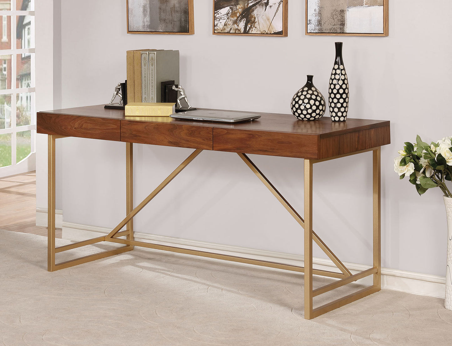 Halstein Light Walnut/Gold Desk FOA East