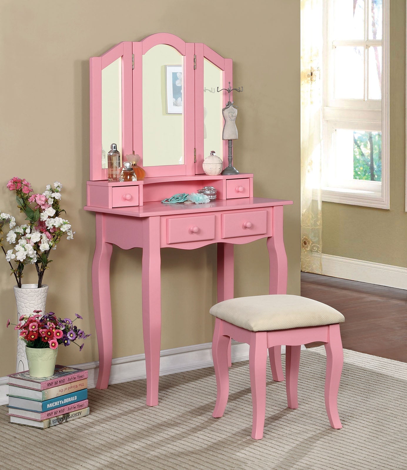 Janelle Pink Vanity w/ Stool FOA East