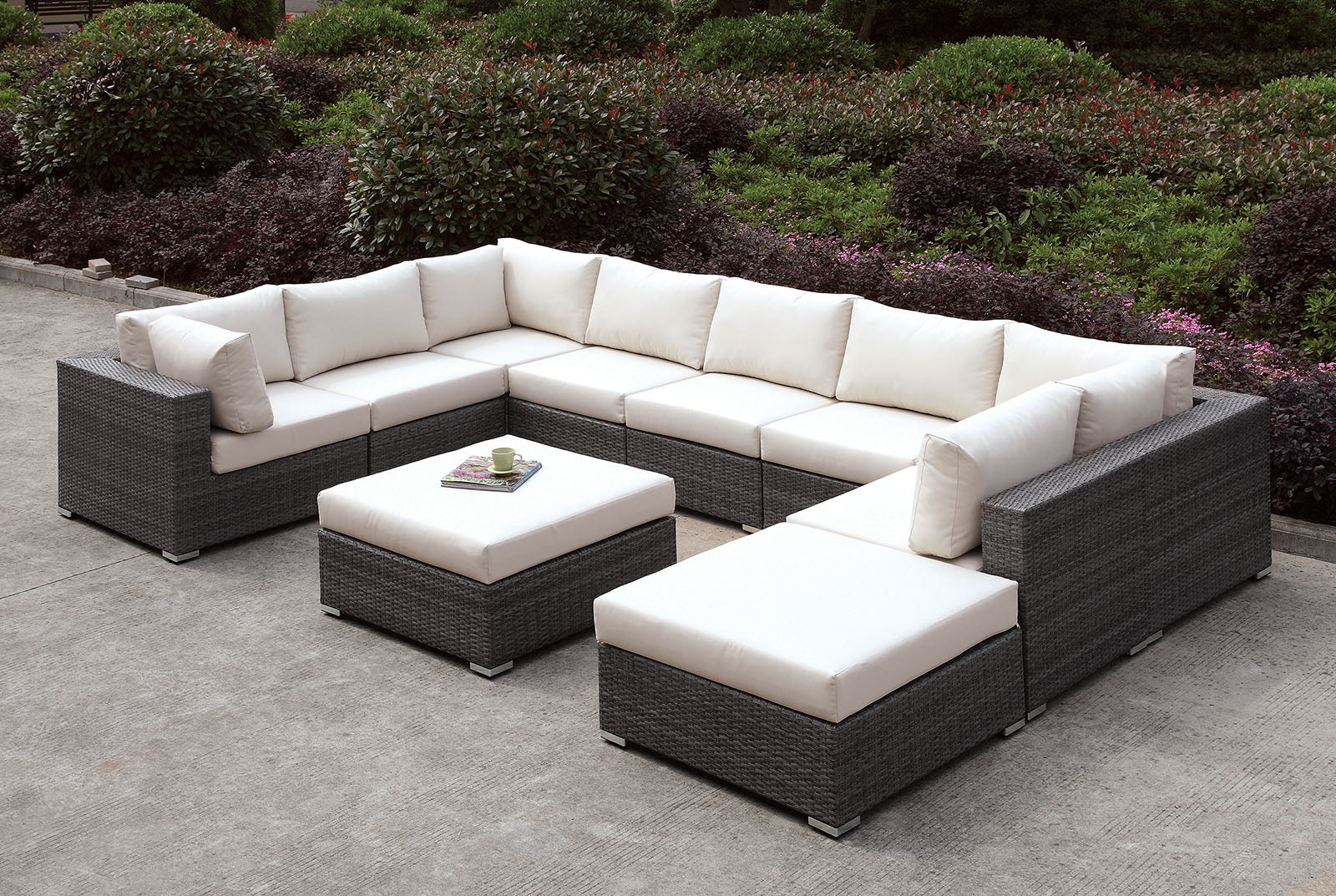 Somani Light Gray Wicker/Ivory Cushion U-Sectional + Ottoman FOA East