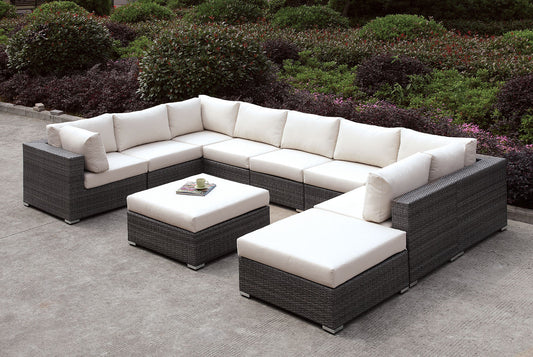 Somani Light Gray Wicker/Ivory Cushion U-Sectional + Ottoman FOA East