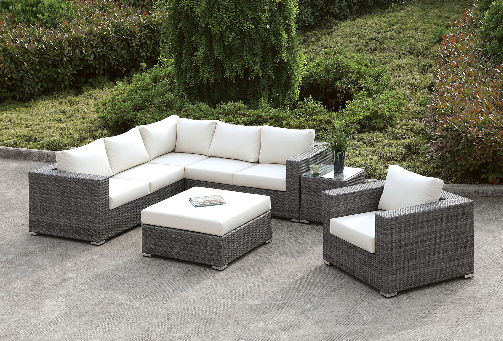 Somani Light Gray Wicker/Ivory Cushion L-Sectional + Chair + Coffee Table + End Table FOA East