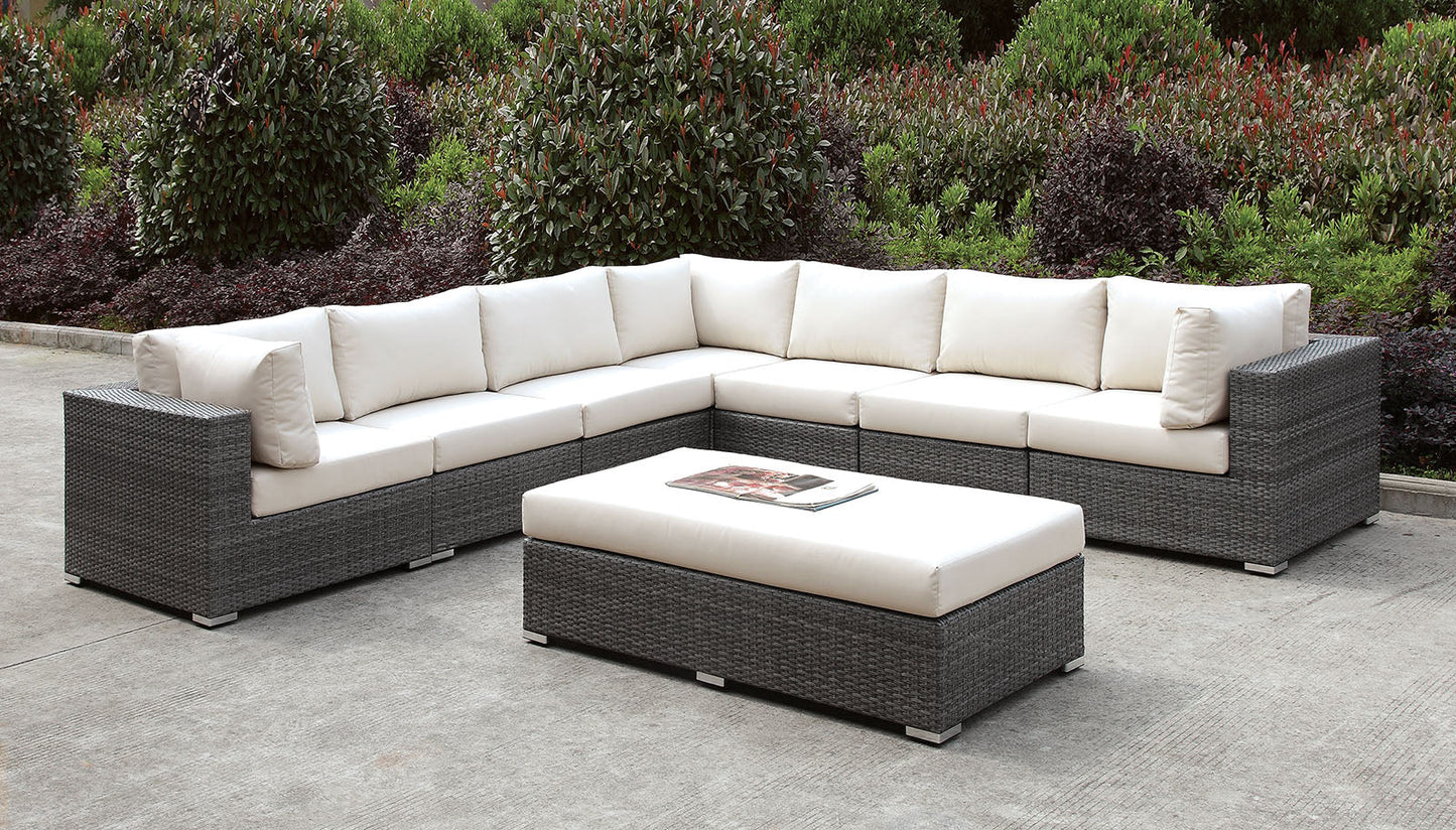 Somani Light Gray Wicker/Ivory Cushion Large L-Sectional + Bench FOA East