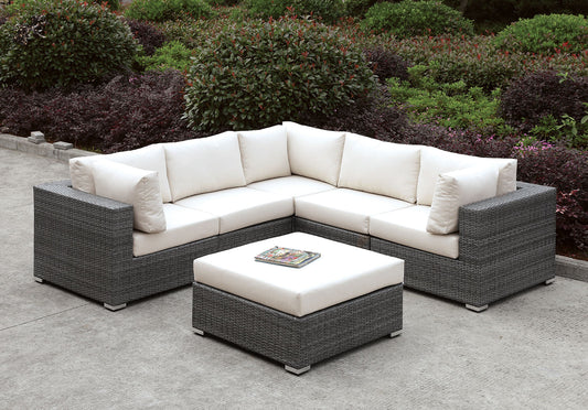 Somani Light Gray Wicker/Ivory Cushion L-Sectional + Ottoman FOA East