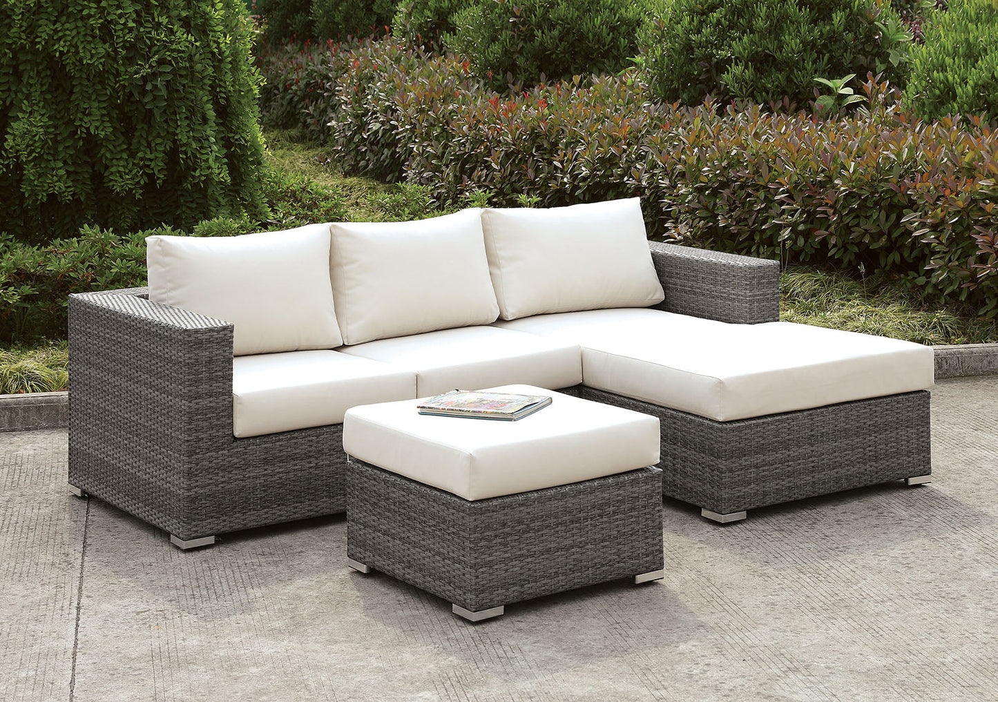 Somani Light Gray Wicker/Ivory Cushion Small L-Sectional w/ Right Chaise + Ottoman FOA East