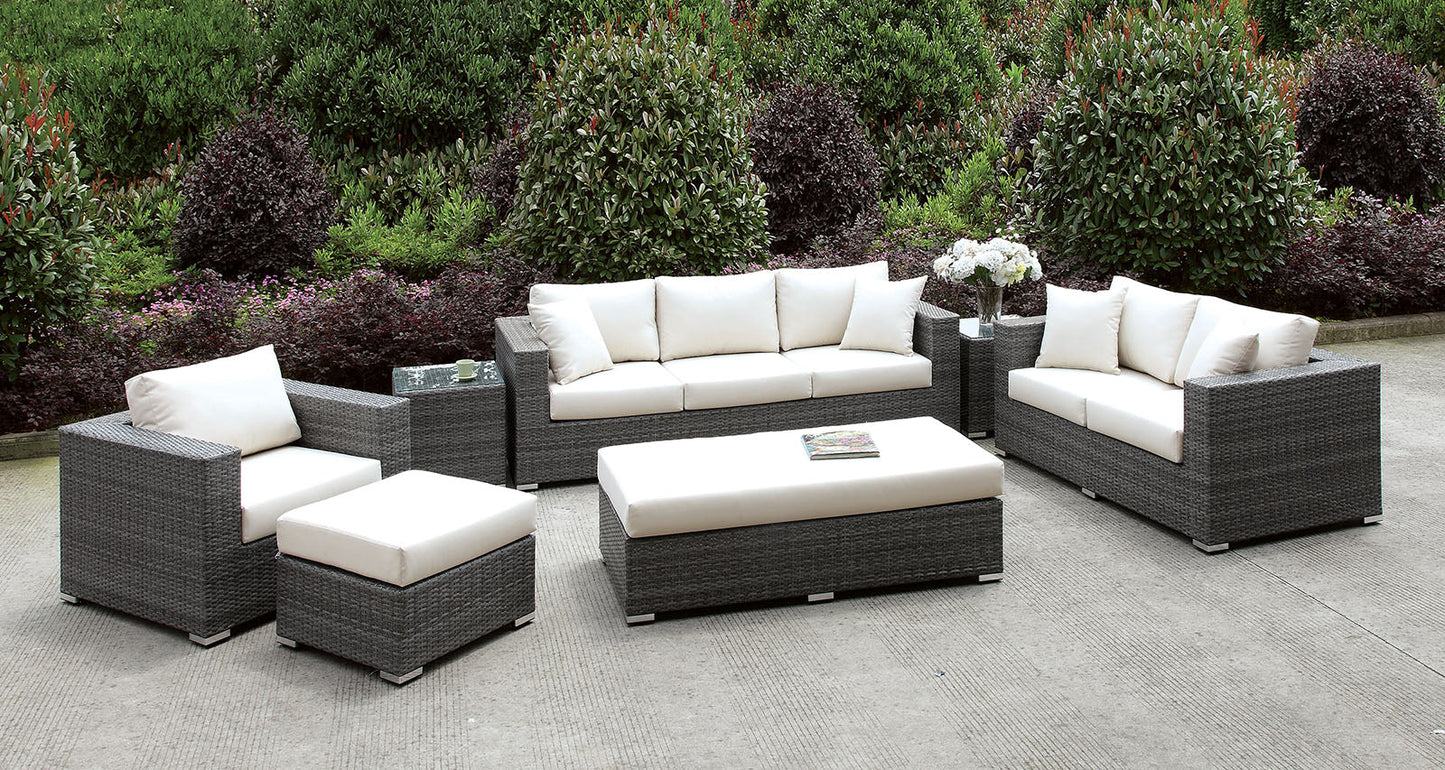 Somani Light Gray Wicker/Ivory Cushion 3 Pc Set + 2 End Tables + Ottoman + Bench FOA East