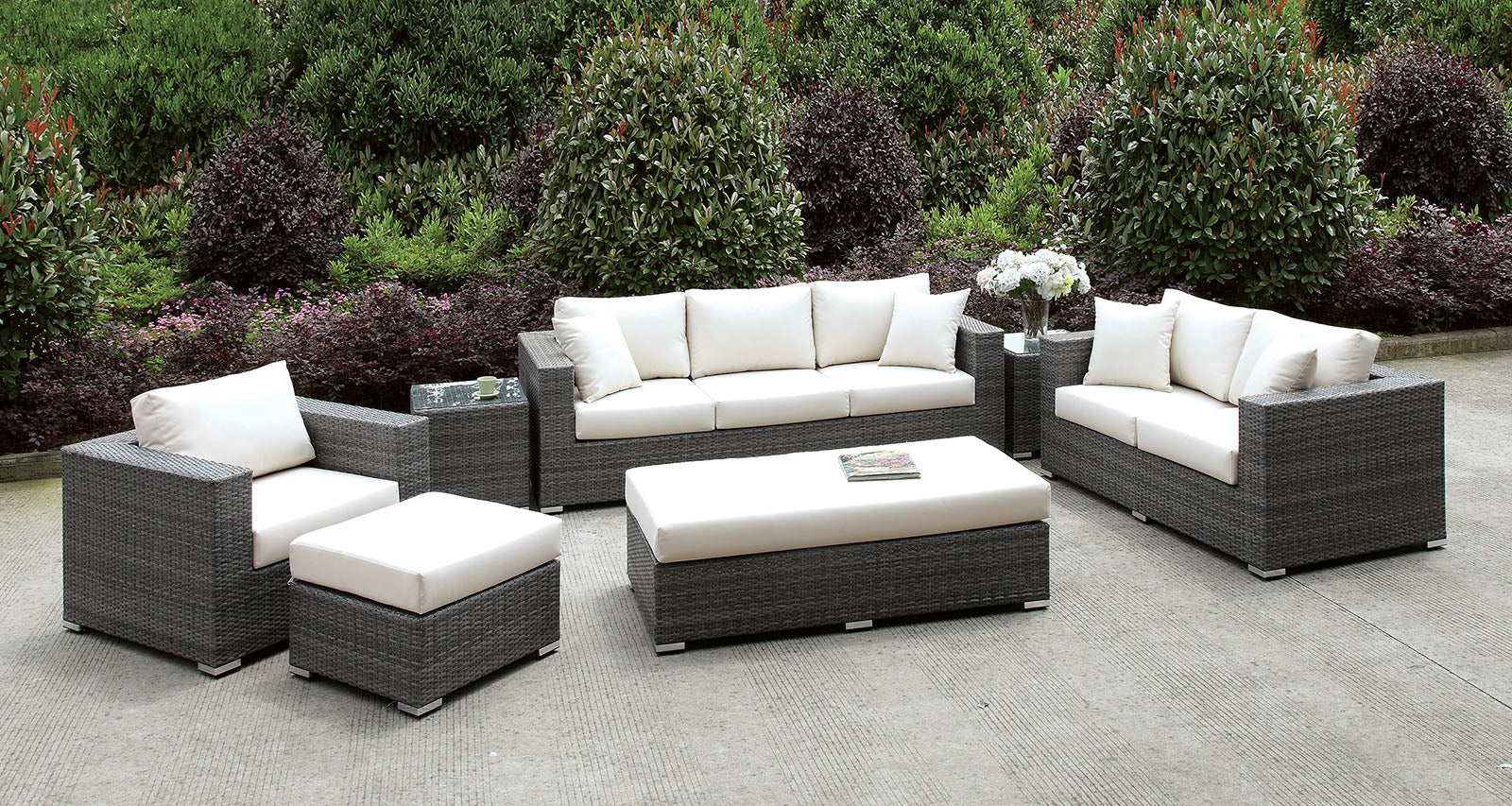 Somani Light Gray Wicker/Ivory Cushion 3 Pc Set + 2 End Tables + Ottoman + Bench FOA East