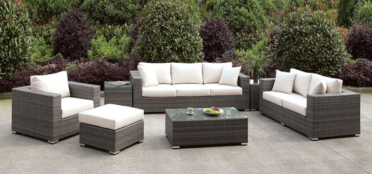 Somani Light Gray Wicker/Ivory Cushion 3 Pc Set + Ottoman + Bench + 2 End Tables FOA East