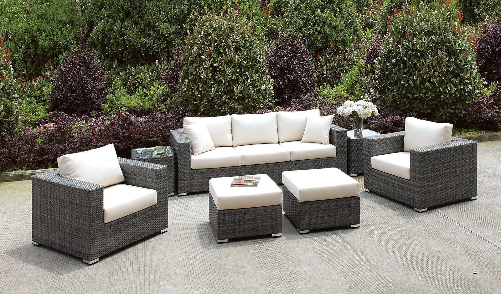 Somani Light Gray Wicker/Ivory Cushion Sofa+2 Chairs+2 End Tables+2 Small Ottomans FOA East