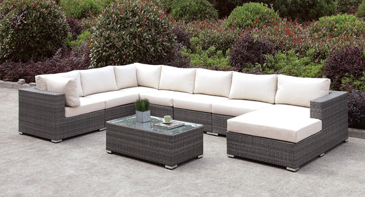 Somani Light Gray Wicker/Ivory Cushion U-Sectional + Coffee Table FOA East