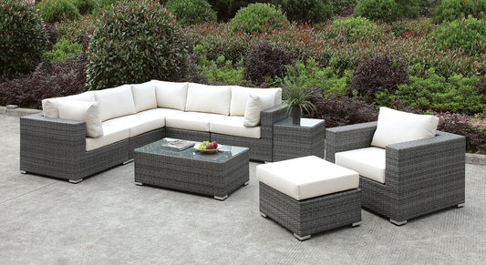 Somani Light Gray Wicker/Ivory Cushion L-Sectional + Chair + Ottoman + Coffee Table FOA East